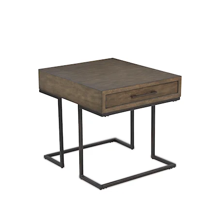 Rustic Style End Table with Metal Base and 1 Drawer